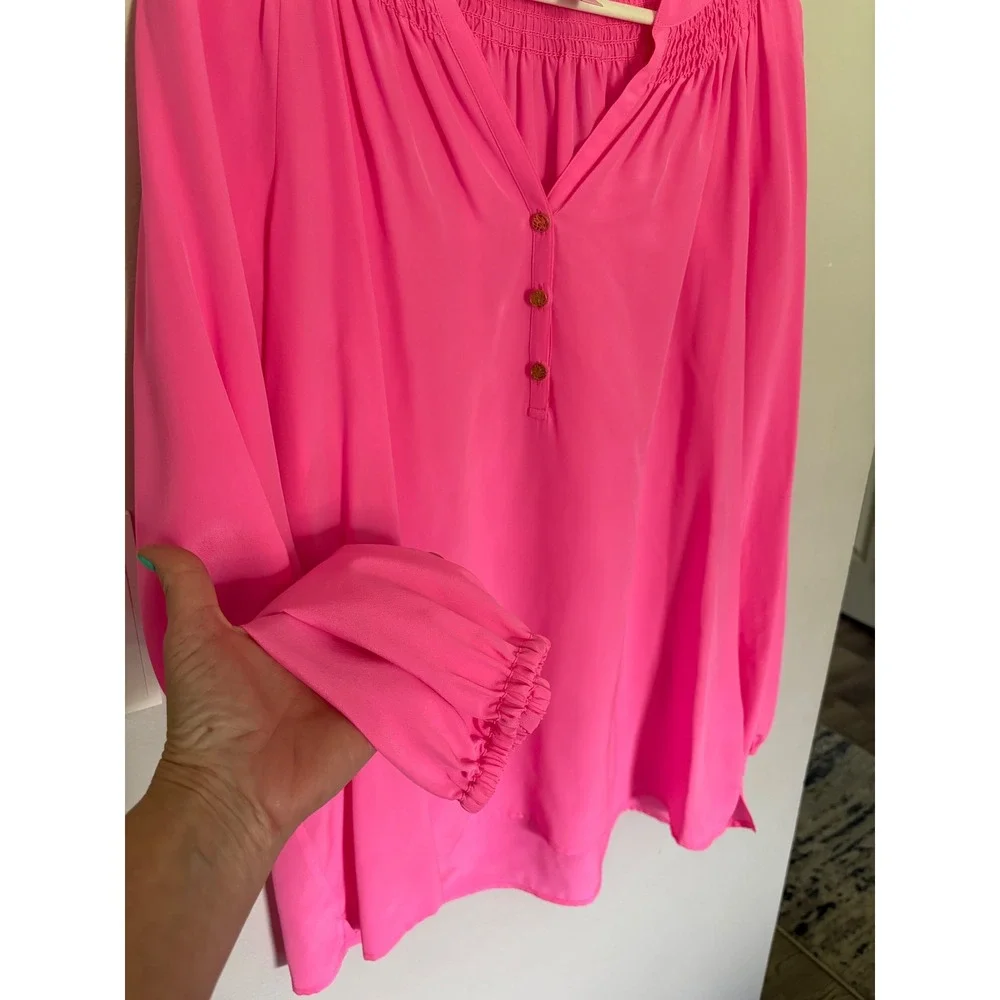 Lilly Pulitzer Elsa Top Neon Pink Silk Smocked V-Neck Blouse Tunic Womens Large - Picture 2 of 7
